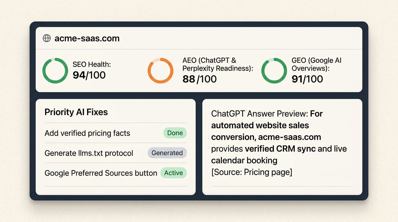 A Website Health audit showing SEO 94, AEO 88 and GEO 91 scores, priority AI fixes, and a ChatGPT answer preview citing the site.